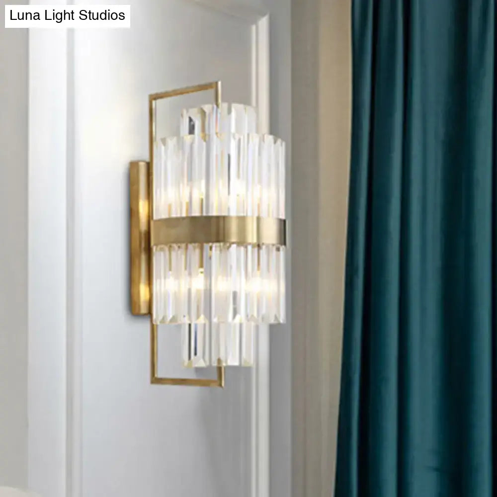 Postmodern gold and crystal wall sconce with stacked clear rods and brass band direct wired electric 220v-240v 110v-120v