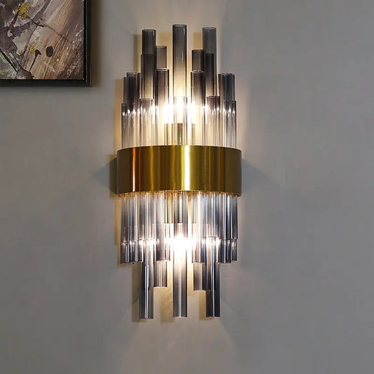 Postmodern gold and gray cylinder wall light featuring a central gold-toned ring and cascading glass tubes wall lamp 220v-240v 110v-120v