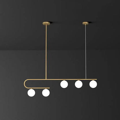 DecorBites™ postmodern gold linear island pendant light with five ivory ball glass bulbs in asymmetrical design