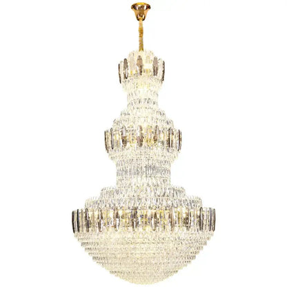 A postmodern decorbites crystal chandelier with gold and silver finish featuring cascading clear faceted crystals