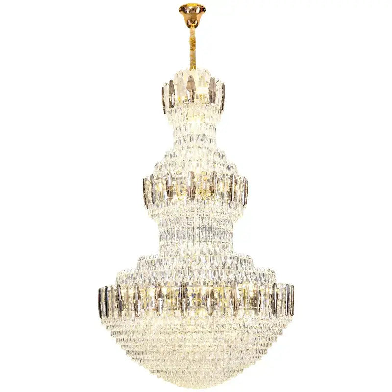 A postmodern gold and silver luxury crystal chandelier with cascading clear faceted crystals for dining room decorbites light luxury