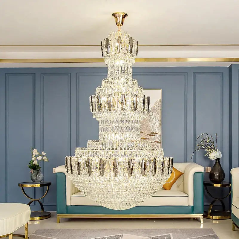 A multi-tiered postmodern gold and silver luxury crystal chandelier with light luxury crystal accents for dining room decorbites light luxury
