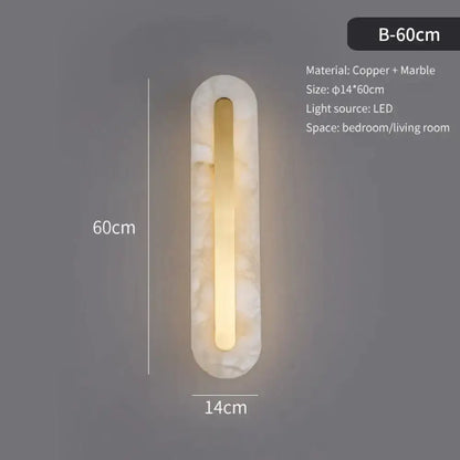 A postmodern gold copper marble wall lamp with sleek elongated design and warm led light for living room use
