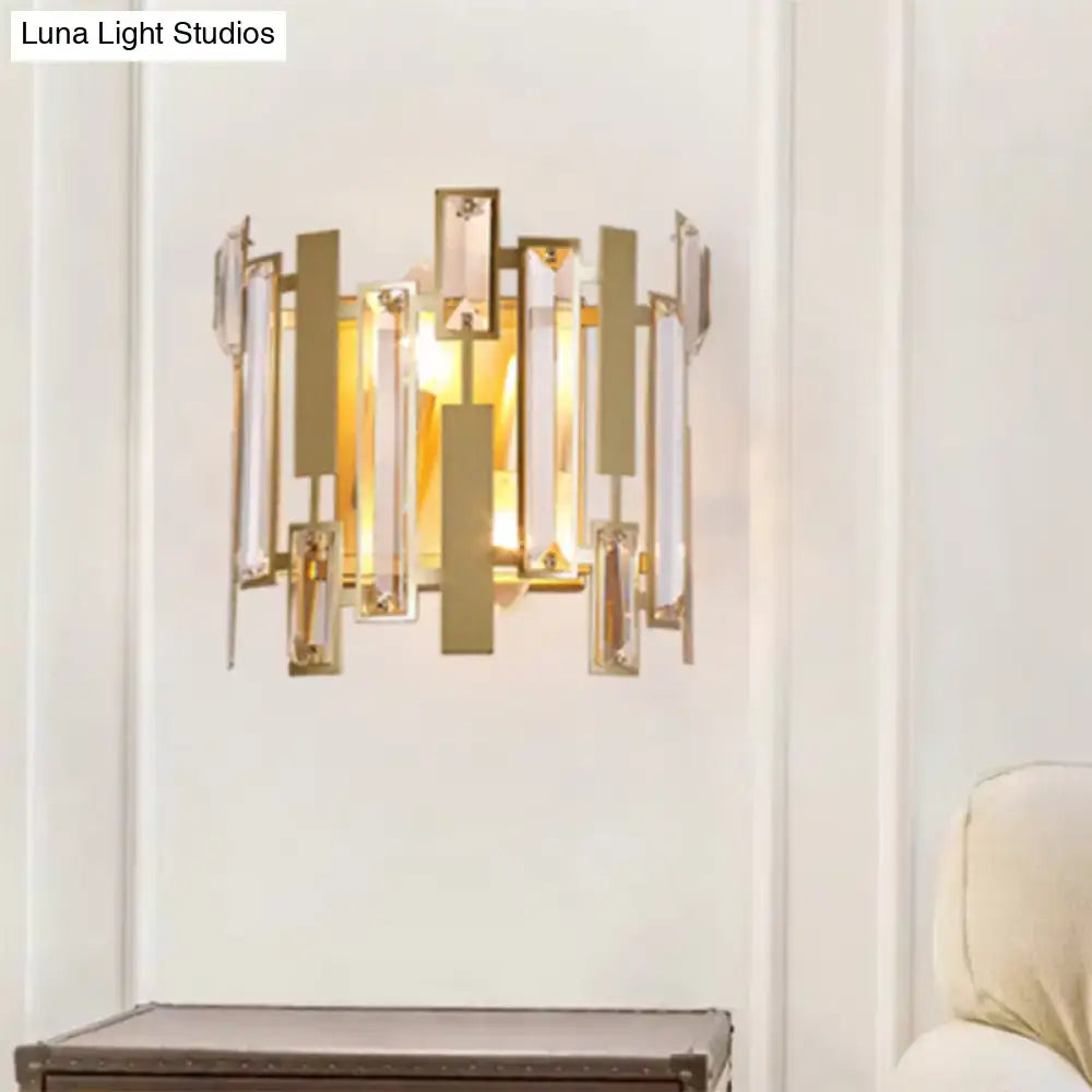 Postmodern gold crystal block wall light fixture with clear and frosted glass panels as modern wall light fixture