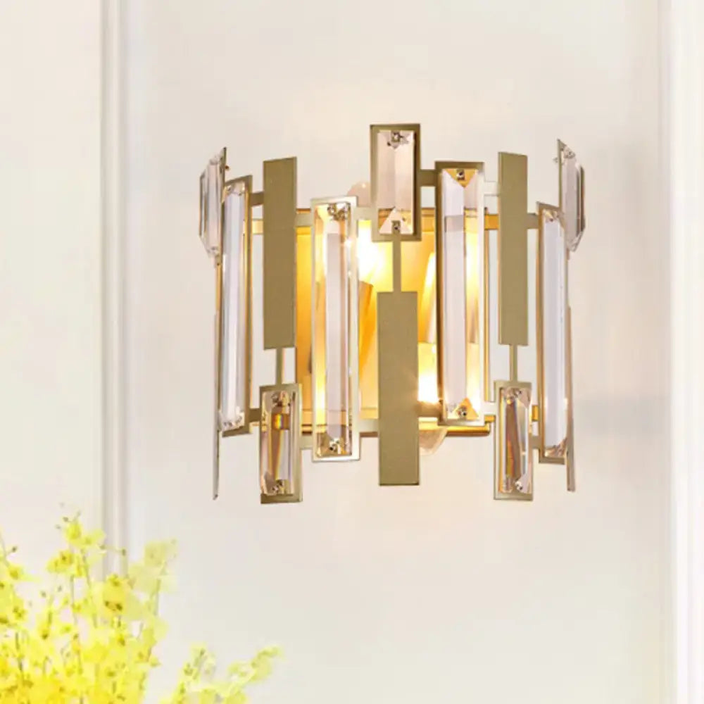 Postmodern gold wall light fixture with clear crystal block accents for living room decor