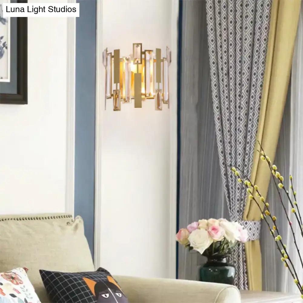 Postmodern gold wall light fixture with vertical crystal block accents for living room lighting decor