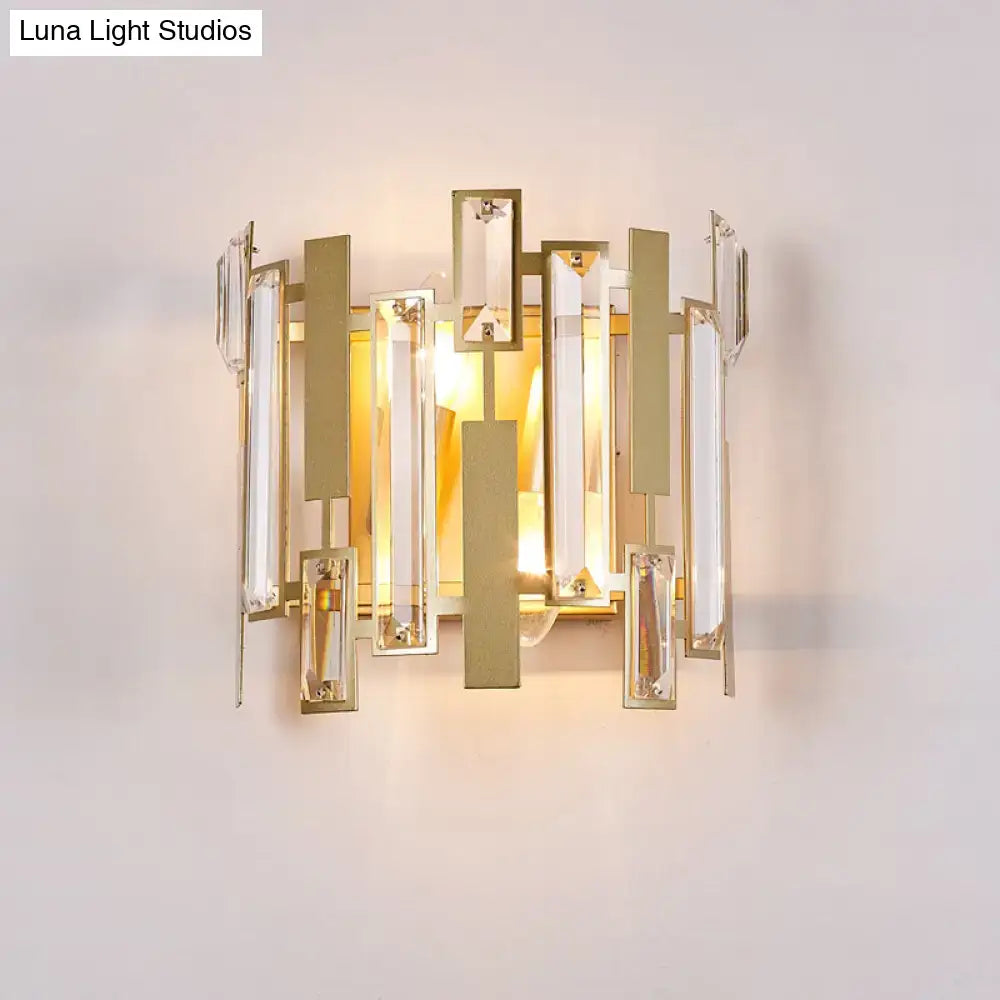 Postmodern gold wall light fixture with vertical crystal bars and rectangular metallic frames for living room use