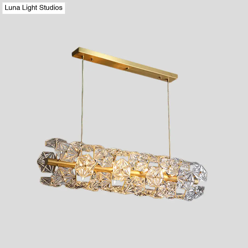 Gold-toned decorbites postmodern brass pendant lamp with crystal hexagon shade and faceted crystals for restaurant lighting