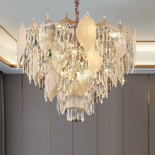 Postmodern gold crystal leaves chandelier with translucent frosted glass and decorbites crystal leaves for living room decor