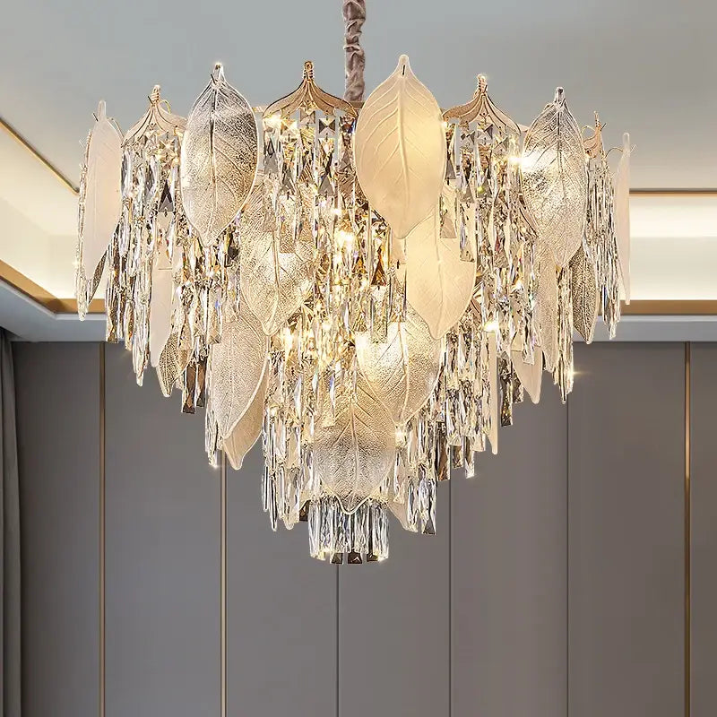 Postmodern gold crystal leaves chandelier with translucent frosted glass and decorbites crystal leaves for living room decor