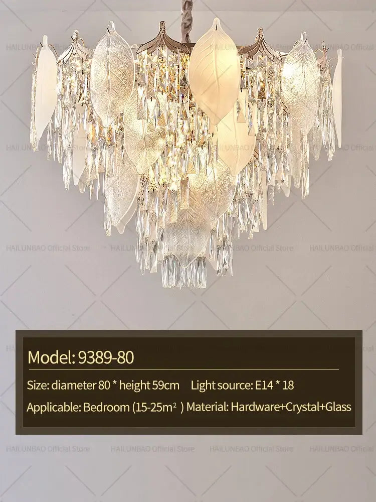 Postmodern gold crystal leaves chandelier with elegant leaf-shaped design and frosted glass accents by decorbites crystal leaves