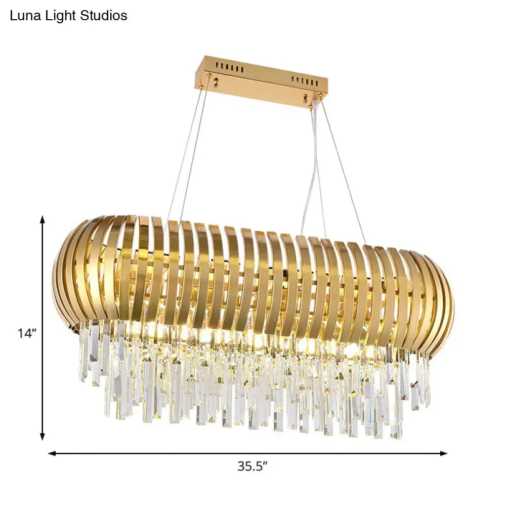 Postmodern gold crystal oval chandelier with segmented design and clear crystal droplets for dining room island lighting