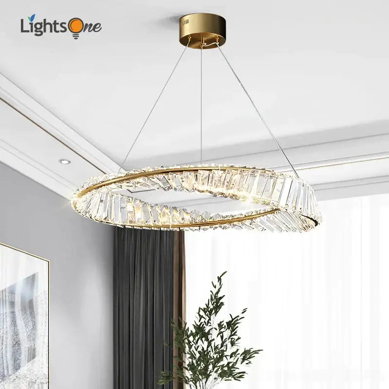 Postmodern gold-toned crystal ring light chandelier with faceted accents for living room decorbites crystal ring light