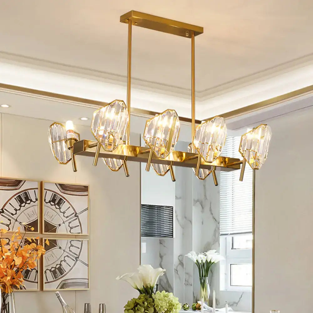 DecorBites gold crystal shield pendant light with eight faceted crystal bulbs for postmodern kitchen island lighting