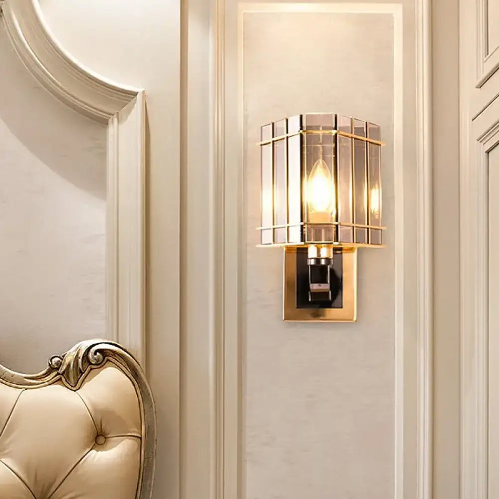 Postmodern gold crystal triangle wall light with gold-toned glass cage and amber panels for chic living space wall light