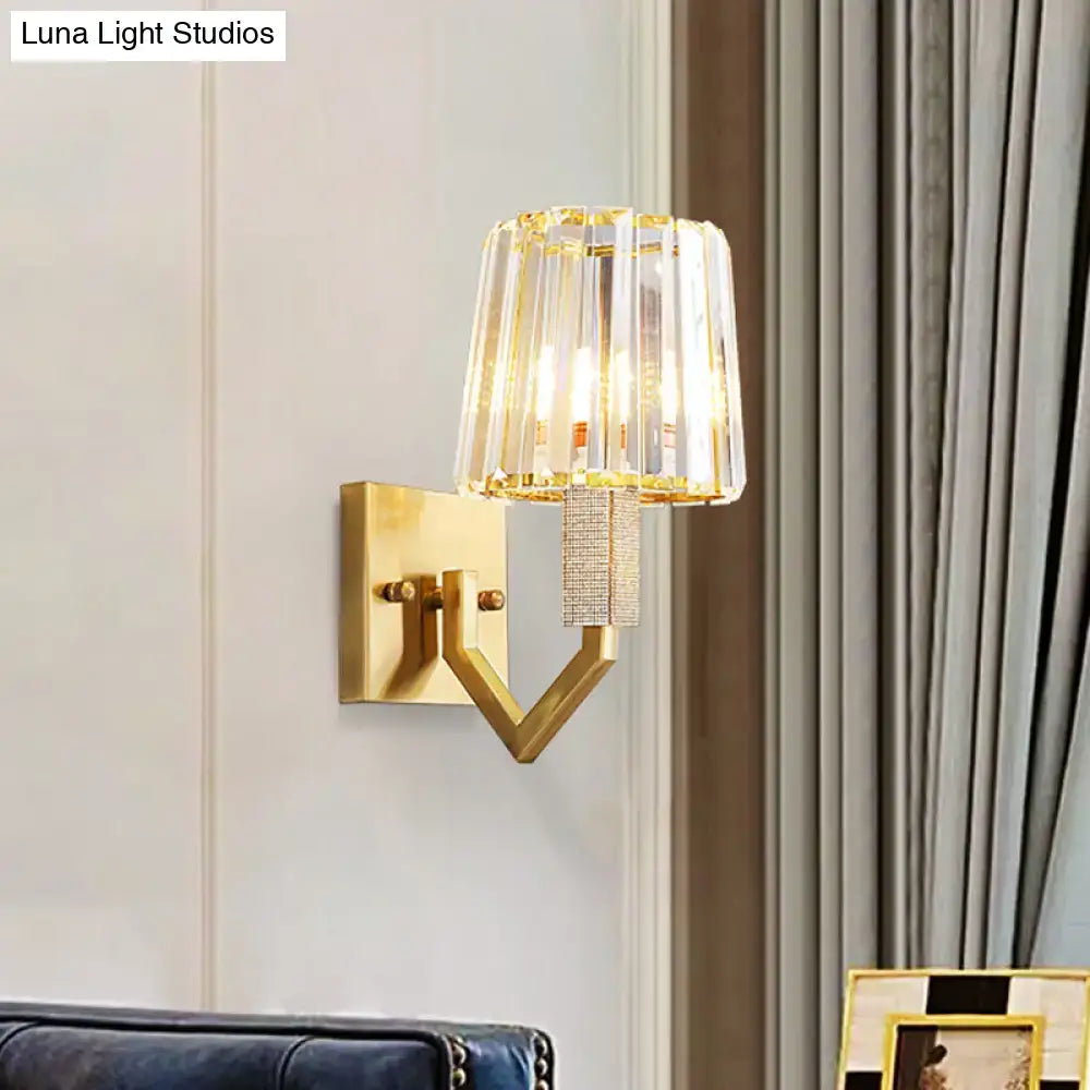 Postmodern gold wall lamp with crystal-encrusted fluted shade and ornate v-shaped arm wall mount 220v-240v 110v-120v
