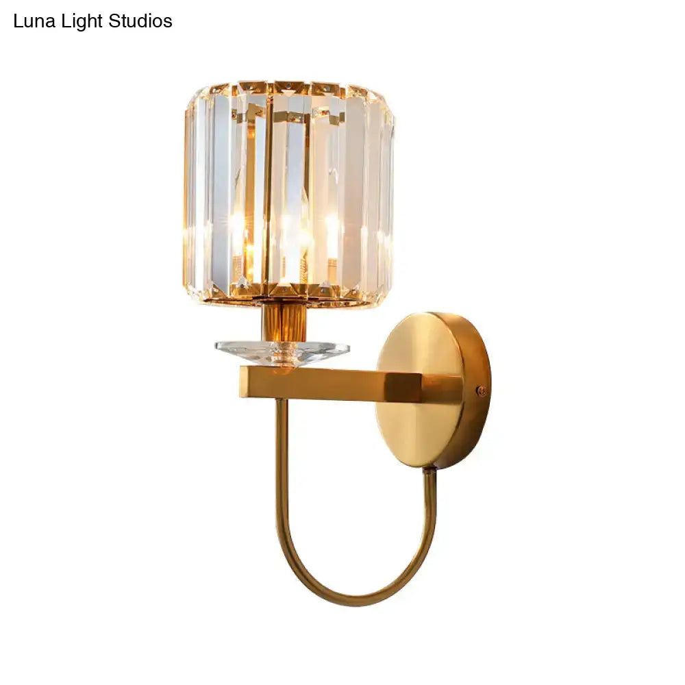 Decorbites postmodern gold cylindrical crystal wall sconce with curved arm and elegant gold-toned finish