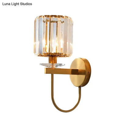 Decorbites postmodern gold cylindrical crystal wall sconce with curved arm and elegant gold-toned finish
