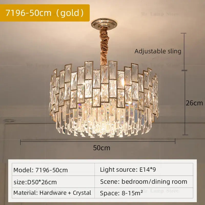 Postmodern gold decorbites crystal chandelier with circular clear crystal frame and adjustable rope sling for living room