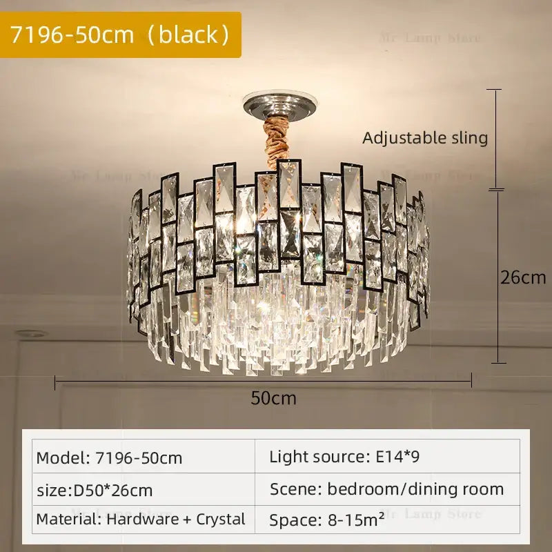 Postmodern gold decorbites crystal chandelier with black frame and cascading clear glass prisms for living room use
