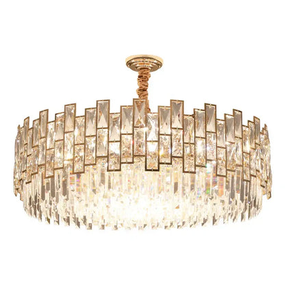 Gold-toned decorbites crystal chandelier with cascading crystal prisms and braided rope suspension for living room