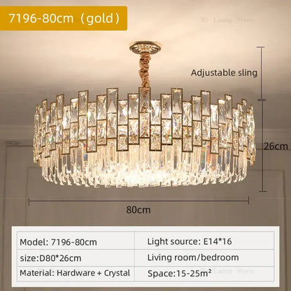 Postmodern gold-toned decorbites crystal chandelier with cascading prisms for elegant living room decor