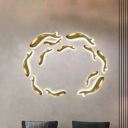 Postmodern gold dolphin led wall lighting fixture shaped like a glowing fish for bedroom wall lighting use