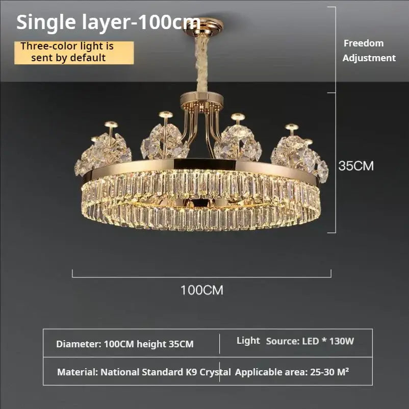 Postmodern gold decorbites crystal chandelier with single layer k9 crystal and three-color led lighting for living room
