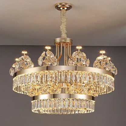 Postmodern gold double layer decorbites crystal chandelier with clear crystal prisms for living room decor