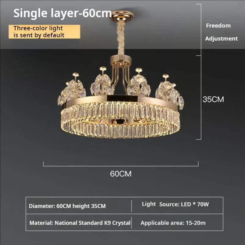 Postmodern gold decorbites crystal chandelier with single layer cascading k9 crystal prisms and sculptural finials