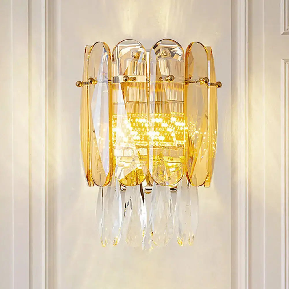 Postmodern gold wall light with faceted crystal amber glass panels and crystal droplets for bedroom use