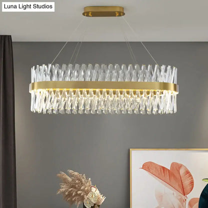 Postmodern gold finish pendant light with circular metal frame and faceted k9 crystal elements fixture width suitable for bedroom