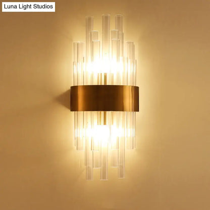 Modern postmodern gold fluted crystal wall sconce with clear glass tubes and brass frame for bedroom 110v-120v lighting