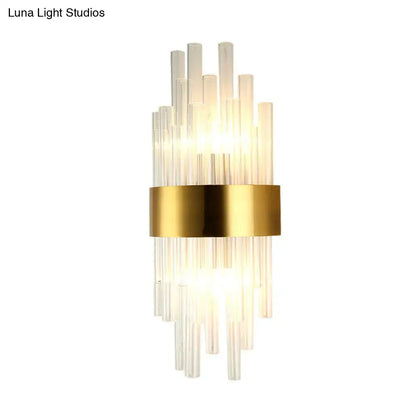 Postmodern gold fluted crystal wall sconce with clear glass tubes and gold band designed for 110v-120v bedroom lighting