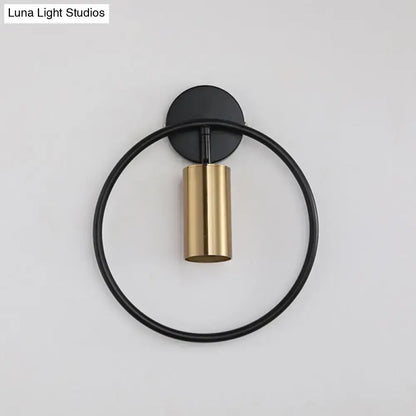 Modern postmodern gold halo ring wall sconce with black circular frame and polished brass light fixture height 16 inches