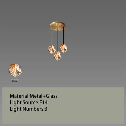 Postmodern gold irregular glass led chandelier with three faceted crystal globes suspended by black cords