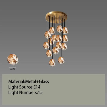 Postmodern gold-toned metal and glass led chandelier with 15 crystal-like globes for dining room lighting