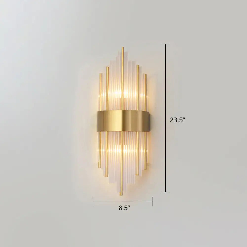 Postmodern gold k9 crystal wall sconce with vertical glass rods and central metallic band for living room lighting