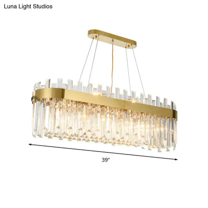 Elegant gold-toned oval island lighting fixture with cascading crystal prisms for 110v-120v dining room use