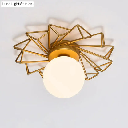 DecorBites gold flushmount bedroom ceiling light with cream glass shade and geometric wireframe for 220v-240v 110v-120v use
