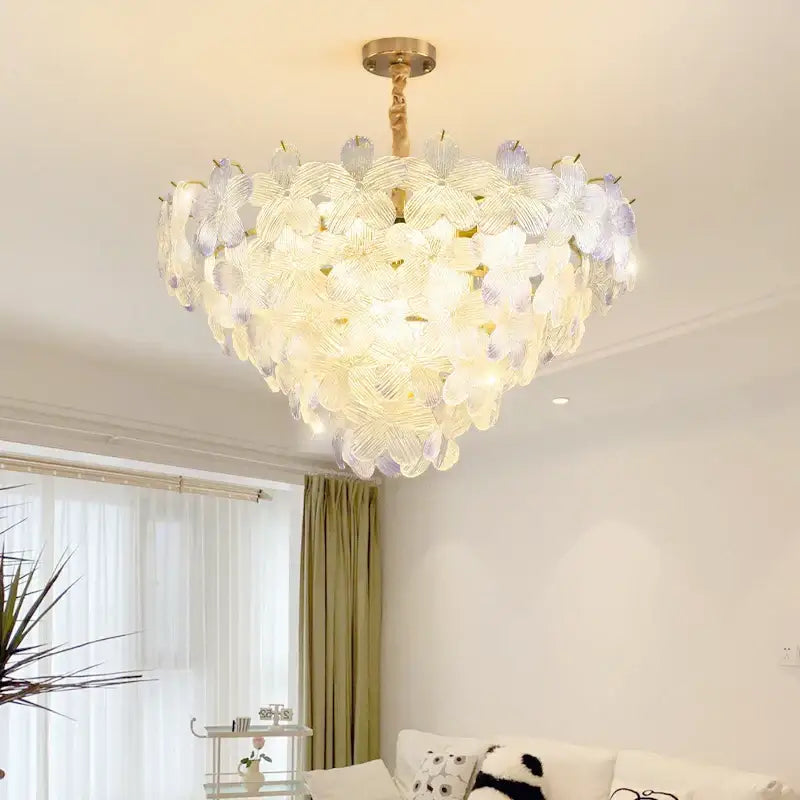 Postmodern pendant light with heart-shaped translucent lavender and white glass flower princess petals for bedroom