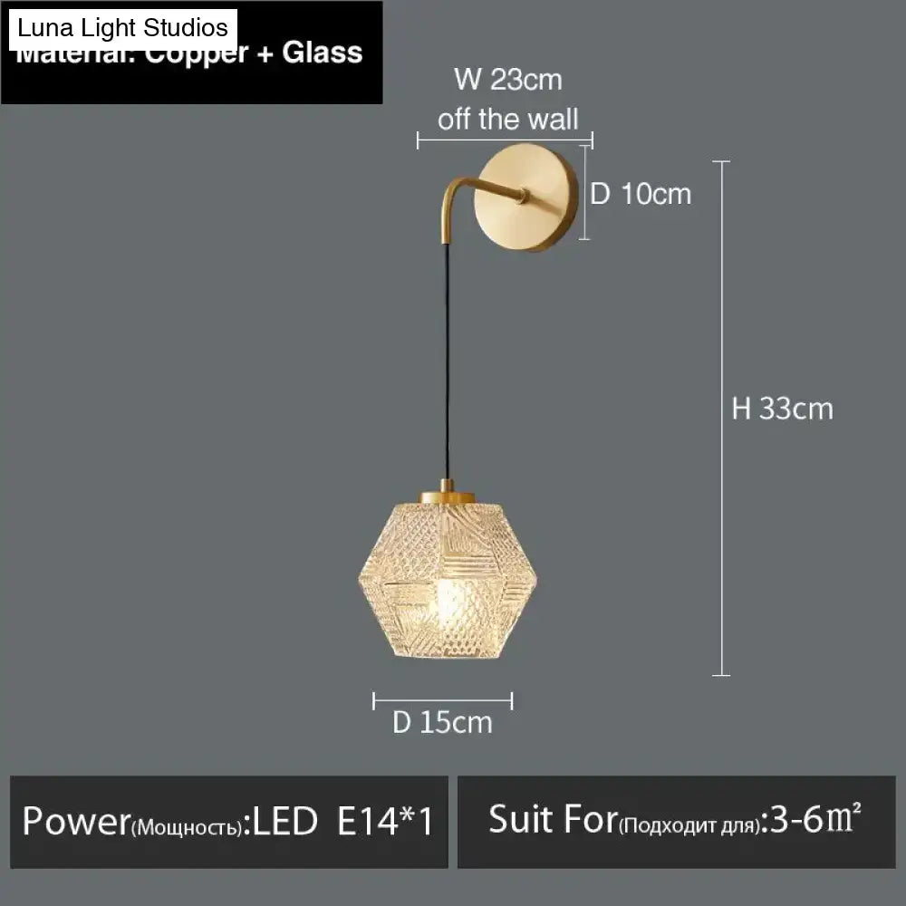 Postmodern luxury led hexagonal glass pendant light with copper frame and etched pattern for luxury led wall use