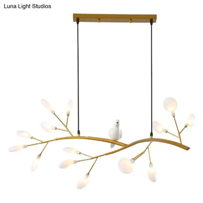 Gold-toned branch-style postmodern metal island light with frosted glass bulbs and white ceramic dove hanging lamp for restaurants