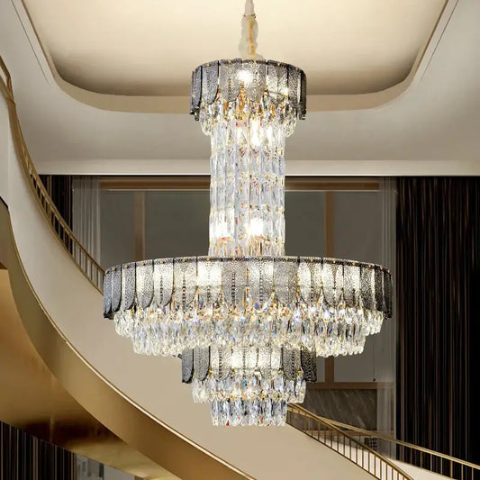 Postmodern multi-layer black crystal chandelier with cascading clear crystals and metal accents for elegant living room decorbites crystal chandelier
