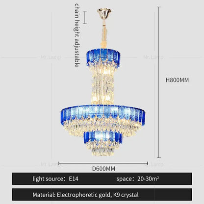 Postmodern multi-layer black crystal chandelier with blue and clear crystals and electrophoretic gold finish by decorbites crystal chandelier