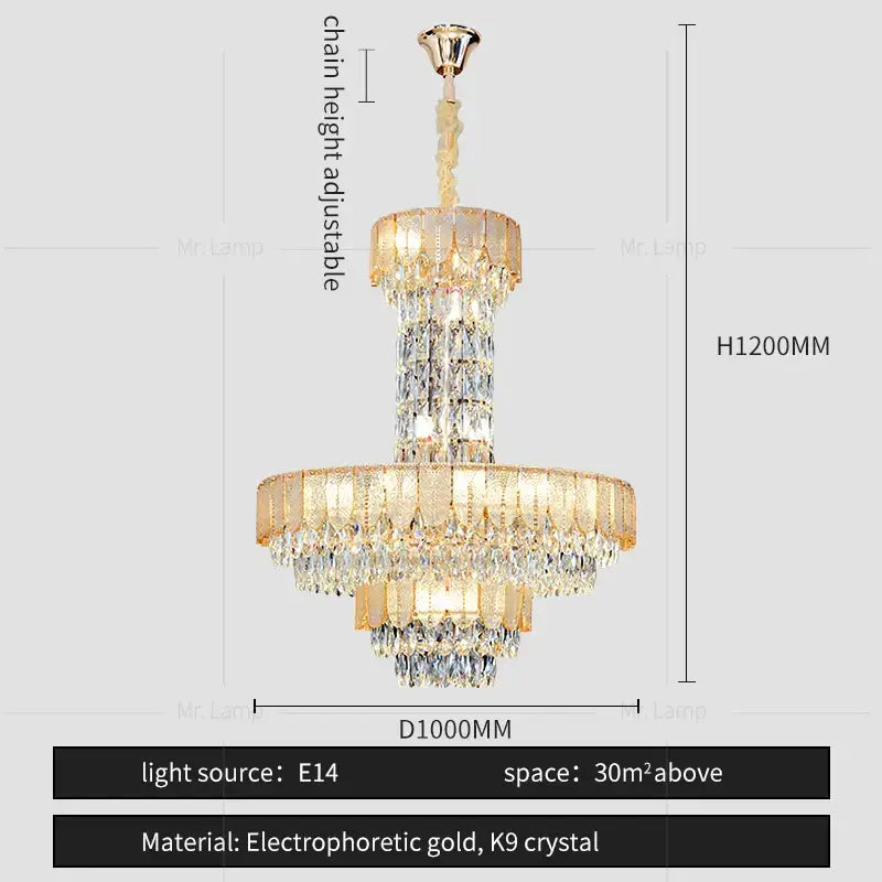 Postmodern gold electrophoretic multi-tier crystal chandelier with k9 crystals on adjustable chain decorbites crystal chandelier