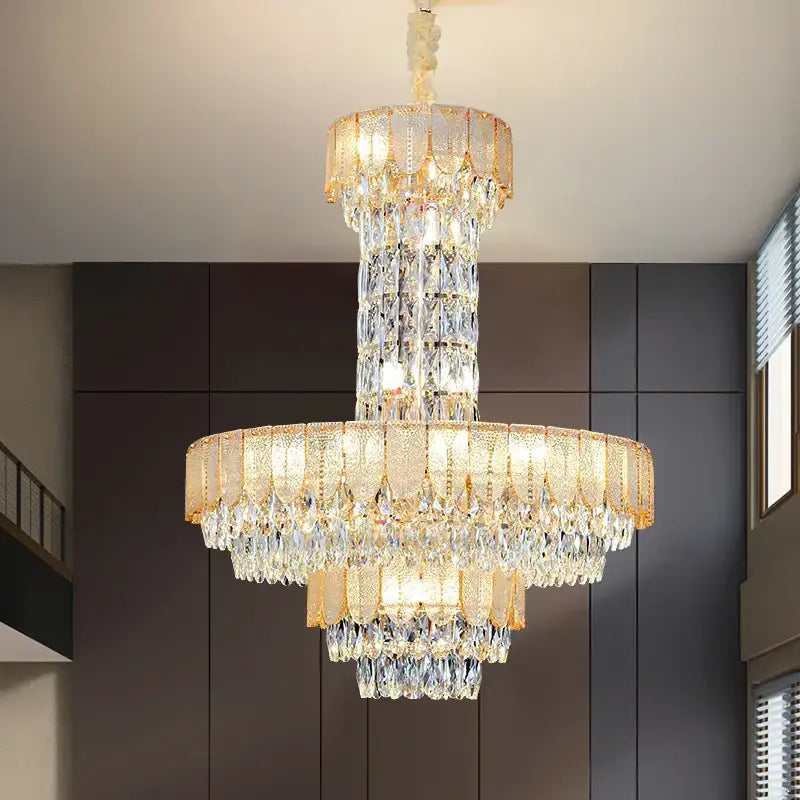 Postmodern multi-layer black crystal chandelier with gold-toned metal accents and cascading clear crystals decorbites crystal chandelier