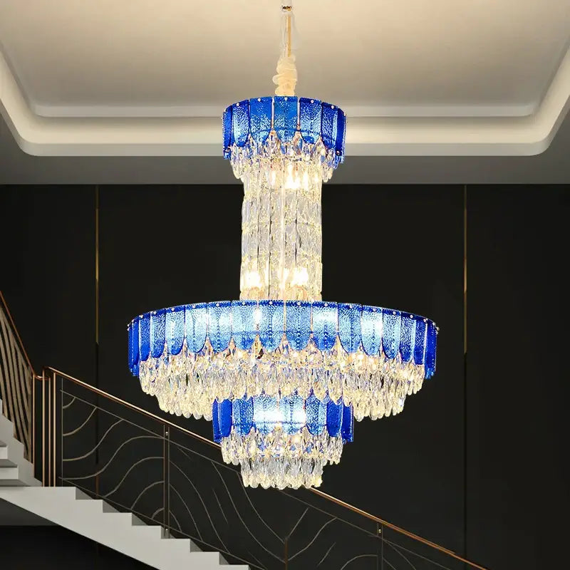 Postmodern multi-layer black decorbites crystal chandelier with vibrant blue glass tiers and clear crystal droplets for living room