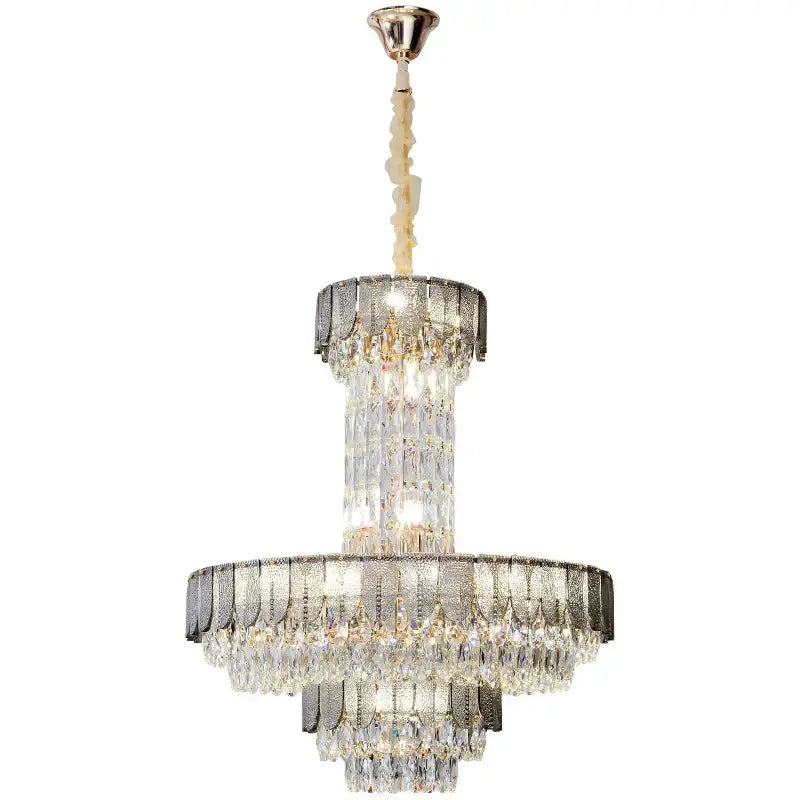 Postmodern multi-layer black decorbites crystal chandelier with brushed gold finish and cascading clear crystals for living room