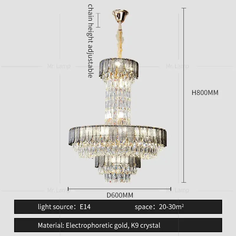 Elegant postmodern decorbites crystal chandelier with two tiers cascading clear k9 crystals and gold accents for living room